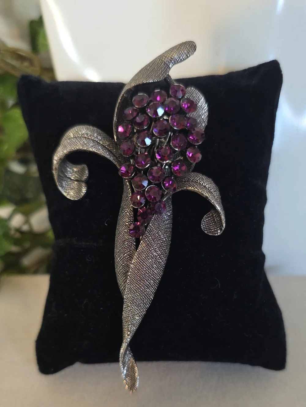 Vintage Purple Rhinestone Floral Bouquet Brooch Antiqued Silver Tone Pin